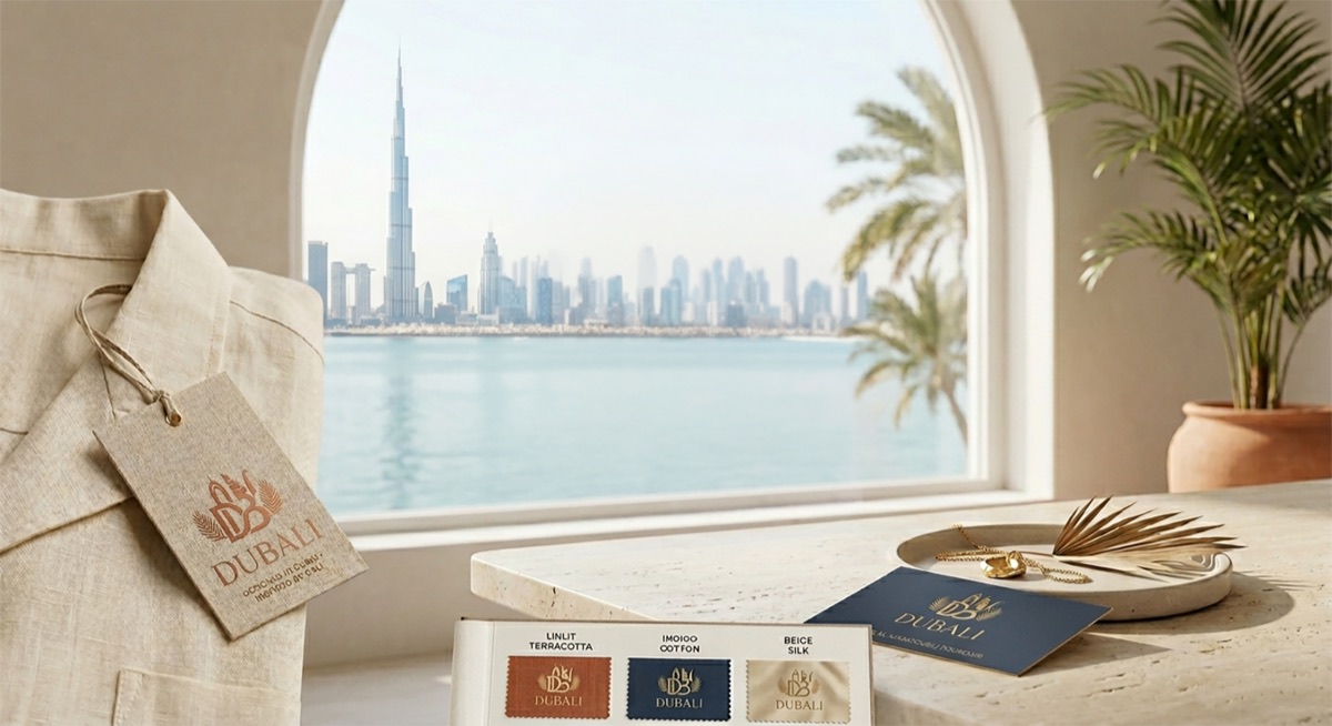 DUBALI apparel mood with Dubai skyline and Bali-inspired resort details
